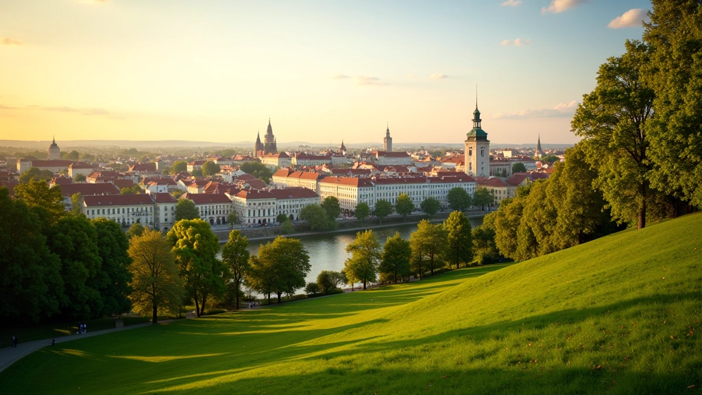 Skaista Rīgas pilsētas panorāma ar vēsturiskām ēkām un zaļajiem parkiem senioriem pieejamiem maršrutiem