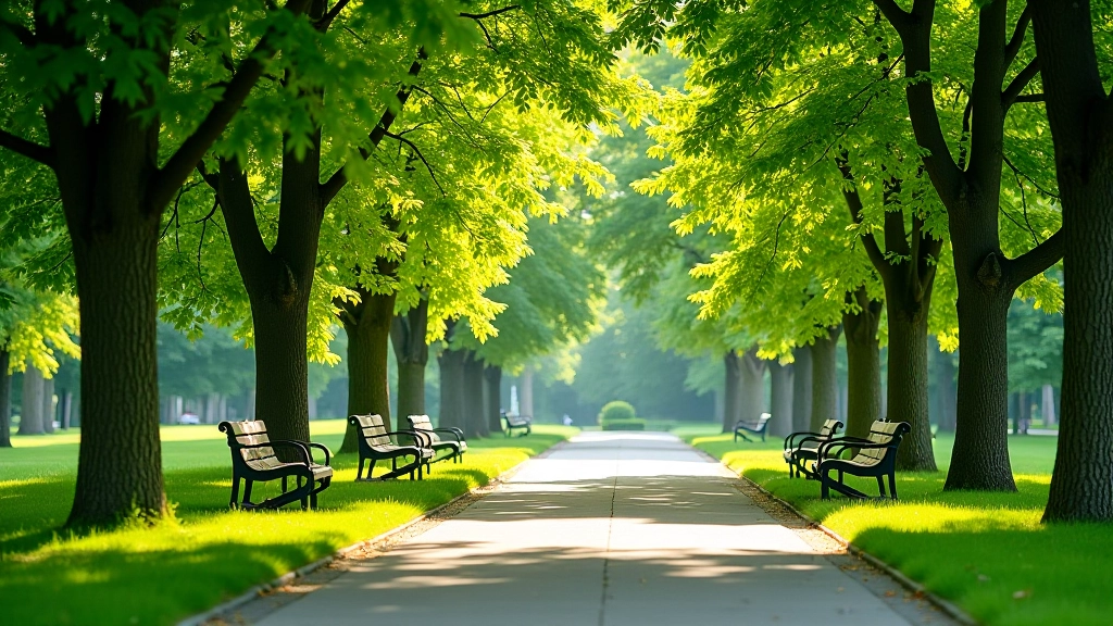 Skaists parks Āgenskalnā ar zaļiem kokiem, soļiem un gaismu, kas nāk caur lapām