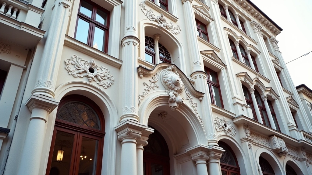 Skaista vecā māja ar Art Nouveau detaļām, baltiem un brūniem krāsojumiem, dekoratīviem elementiem fasādē