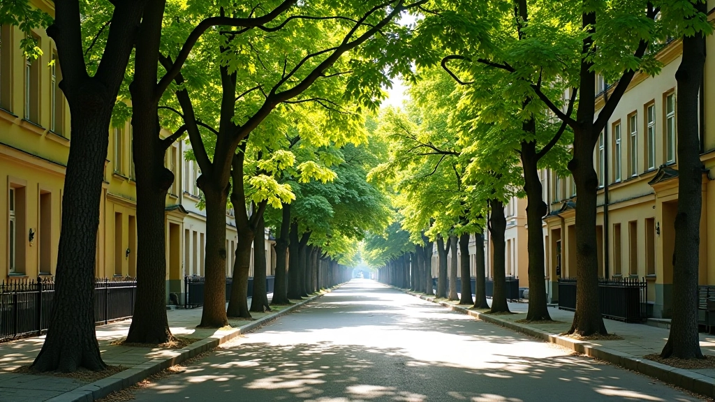 Grīziņkala ielas vidus ar skaistiem kokiem un vēsturiskajām ēkām, mierīga pilsētas atmosfēra