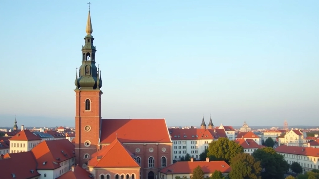 Svētā Pētera baznīcas sarkans tornis ar zelta uzgali, vēsturisks rūpniecības rajons fons