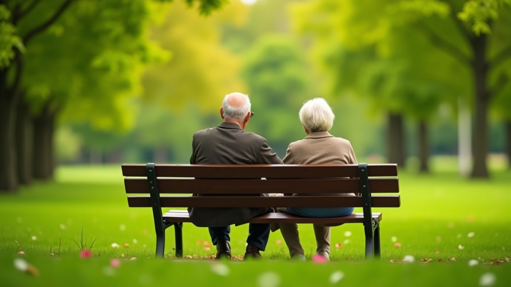 Seniori sēž parkā uz soļa, bauda skaisto laiku un sarunas