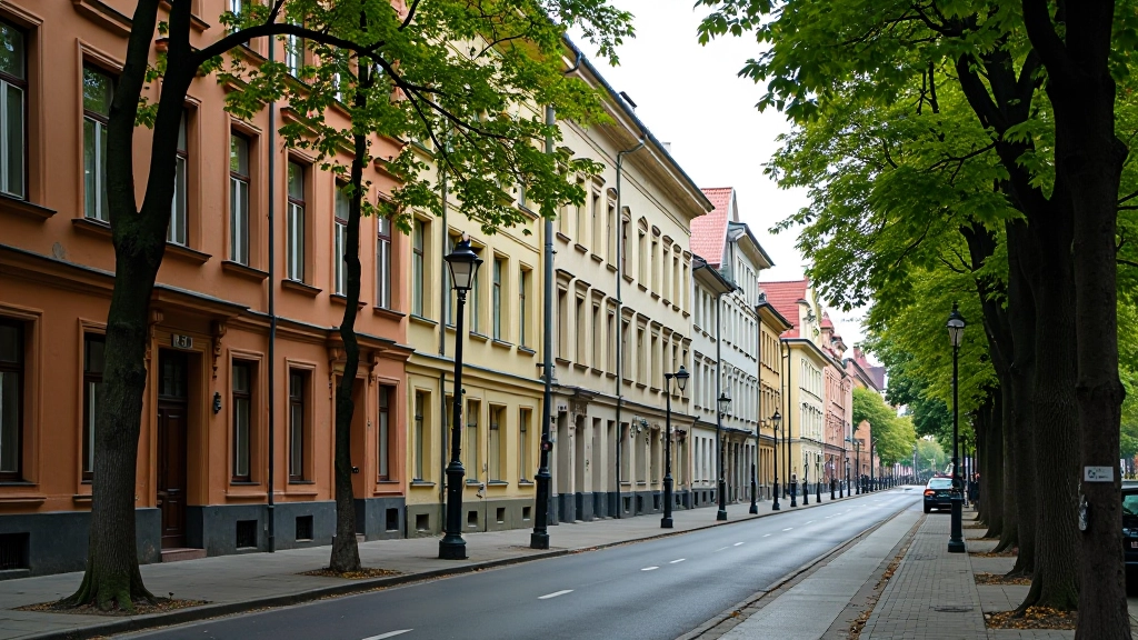 Neatkarības iela ar vairākām vecajām ēkām rindā, pilsētas maršruts, plašā iela